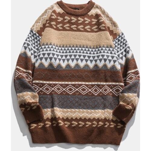 Autumn Winter Womens Vintage Striped Sweater Casual Knit Sweater Jumper Casual Coffee Pullover Tops Sweaters Jersey Mujer A40