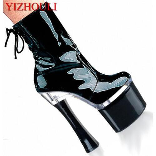 Various sexy colors PU material, 18 cm square heel high heels short boots, baking paint, thick platform tube dance boots