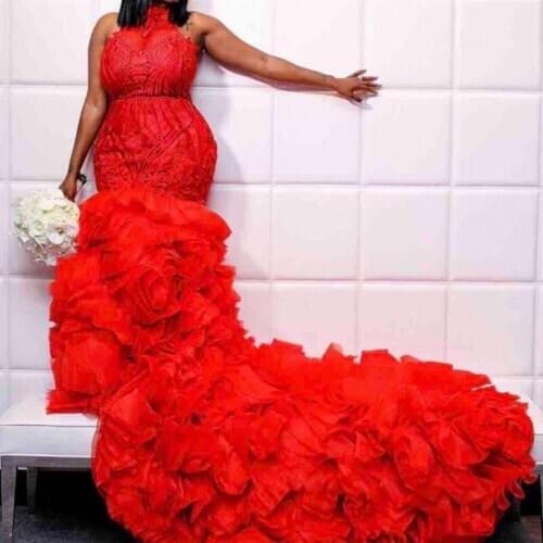 Amazing Red Prom Dresses Lace Mermaid Ruched Court Train Evening Gowns Plus Size Sleeveless Formal Party Dress Custom Made