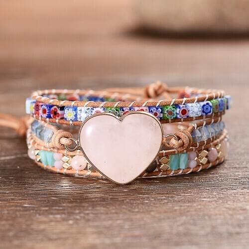 Pink Heart Stones Cute Girls Wrap Bracelets Handmade Leather Beaded Love Friendship Bangles