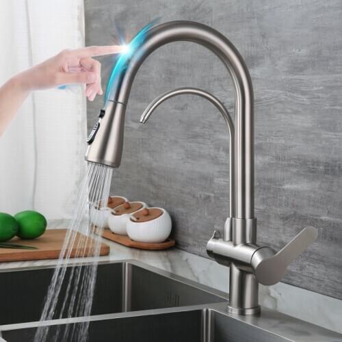Touch Kitchen Faucet Brushed Nickel Filter Pull Out Kitchen Sink Faucet Quality Brass Sensor Kitchen Tap Smart Touch Mixer Tap