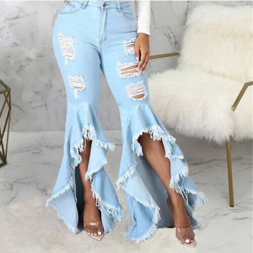 Sexy Ripped Jeans Fringe Hollow Out Ruffle Water Wash Flare Denim Pants New High Waist Bodycon Hole Women Trousers Club Outfits