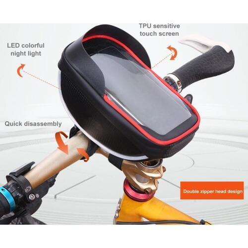 LED Night Light Detachable Black Cycling Bicycle Bike Head Tube Front Frame Handle Touch Screen Mobile Phone Stand Bag Pouch