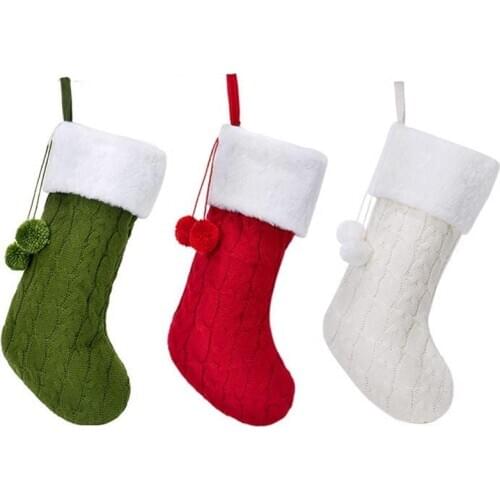 Cable Knit Christmas Stockings, Plush Faux Fur Cuff Knitted Xmas Stocking for Family Holiday Decorations