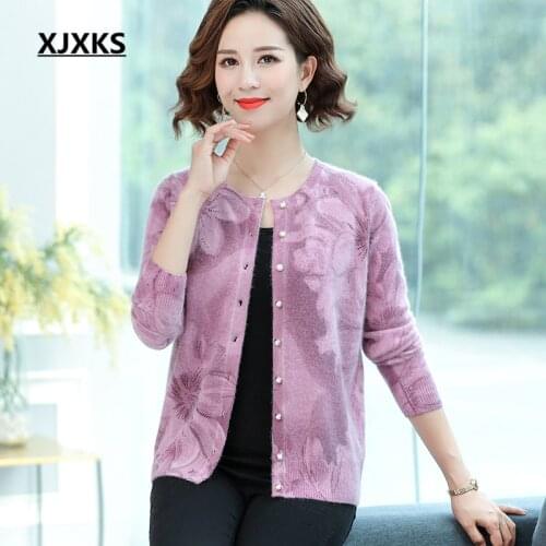 XJXKS High-end cashmere + rabbit velvet blended knitted cardigan women sweater 2019 winter new plus size women printing sweater