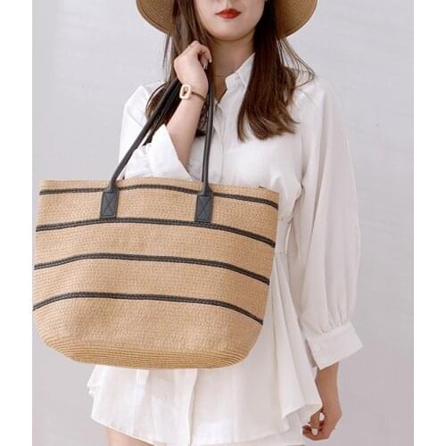 Women Shopping Tote Bag Fashion Simple Straw Shoulder Bag Handmade Rattan Woven Beach Purse Female Shoulder Portable Basket Bag