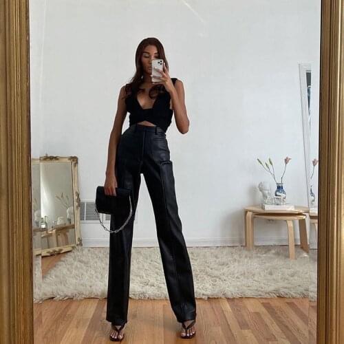 2020 High Street Style PU Leather Straight Pants For Womens Black Fashion High Waist Loose Hip Motorcycle Wide Leg Females Pant