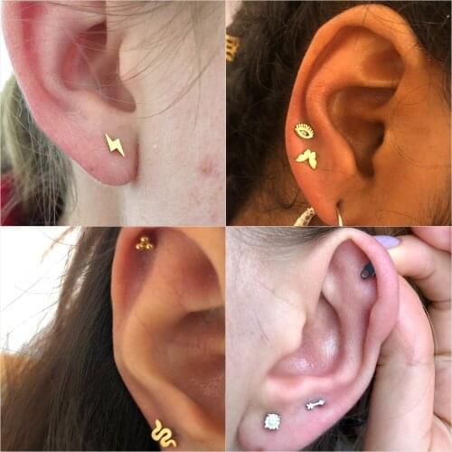 1pc 20G Gold Color Animal Ear Piercing Stainless Steel Small Cartilage Stud Earring Crystal Daith Ear Rings Helix Tragus Jewelry