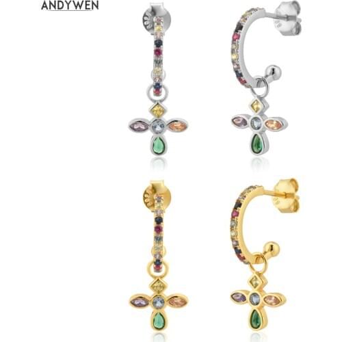 ANDYWEN 925 Sterling Silver Spring Cross Pendiente Drop Earring Piercing 2021 Rock Punk Circle Rainbow Jewelry Gift 2021 Slim