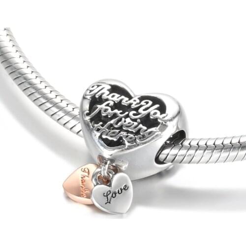 Authentic S925 Silver Bead DIY Jewelry Mum Thank You Heart Charm fit Lady Bracelet Bangle