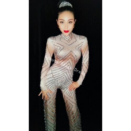 Sparkly Big Legs Jumpsuits Rhinestones Sexy Bodysuit Stage Performance Female Birthday Celebrate luxurious Singer Costume Wear