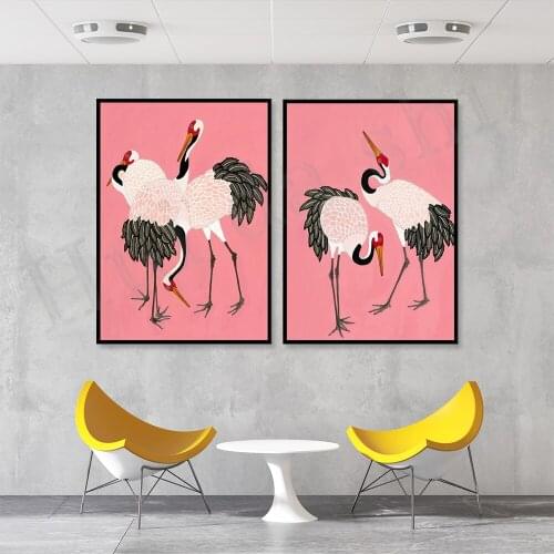 Two Art Prints Japanese Cranes on Pink
