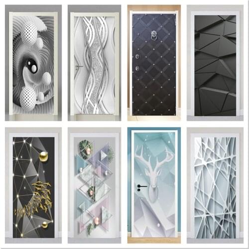 PVC Door Sticker Modern 3D Geometric Deer Head Fashion Pearl Wallpaper Living Room Art Door Poster Self-Adhesive Mural Stickers