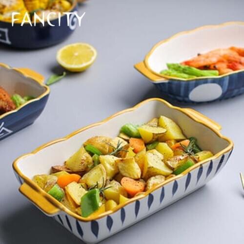 FANCITY Cheese Baked Rice Baking Pan Oven Use Rectangular Microwave Ceramic Plate Binaural Baking Bowl