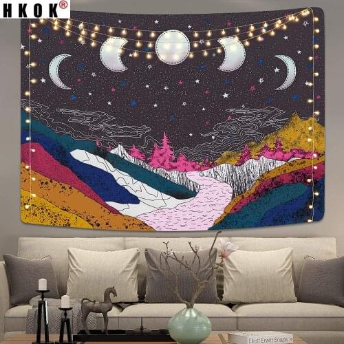 HKOK Moon Phase Tapestry Wall Hanging Fabric Mural Background Cloth Wall Rugs Towel Beach Blanket Dorm Living Home Decor