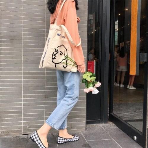 Women Canvas Bag Large Capacity Tote Stick Figure Printed Shoulder Bags Handbag Eco Cotton Cloth Fabric Shopping Bags For Girls