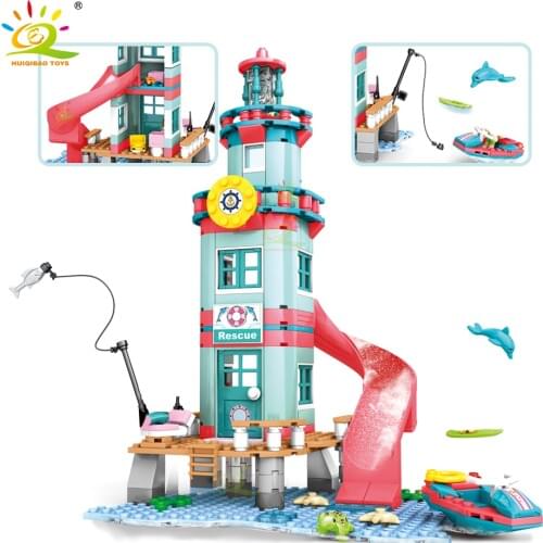 HUIQIBAO 282Pcs City Girl Beach Rescue Hut Lighthouse Building Blocks Friends Figures Water Boat FIshing Slide Bricks Toys Child