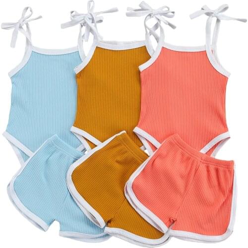 Baby Contrast Color Clothes Set, Girls Sleeveless Square Collar Sling Romper + Side Split Short Pants