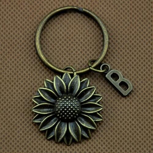 Fashion Initial Keychain Sunflower Flower Bronze Silver Color Pendants DIY Men Jewelry Car Key Chain Ring Holder Souvenir Gift