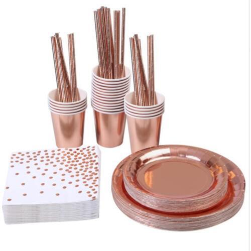 Rose Gold Disposable Tableware Set Gold Straws Plate Paper Cup Napkin For Wedding Birthday Party Baby Shower Decoration Supplie
