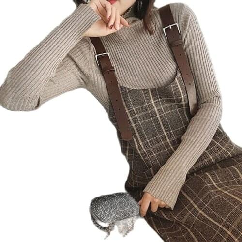 2020 New Autumn Winter Plaid Straight Woolen Suspender Dress long-sleeved Knitted Sweater Pullovers Women Two-piece Dress m706