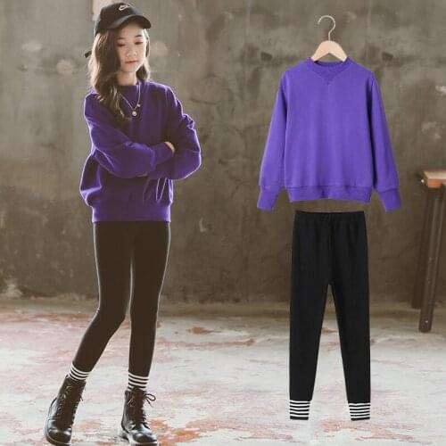 New Fashion Purple Top Pant Spring Girls Two Pieces 2021 Casual Sets Tracksuit Children School Suits Kids Teenage High Quality