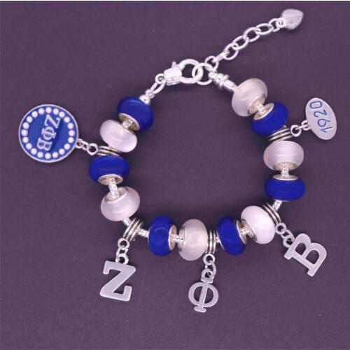 New Arrival Blue White European Beads Greek Letter 1920 Zeta Phi Beta Sorority Fraternity Bracelet Bangles For Sisterhood