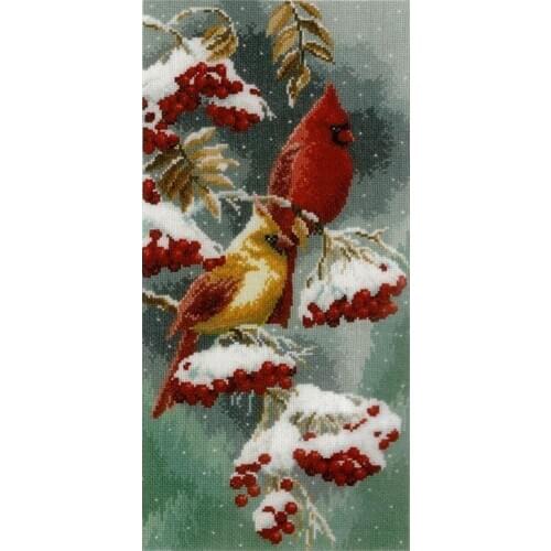 Hot Embroidery Scarlet and Snow Cardinals Funny Cross Stitch Patterns Free with 100% Cotton Floss & Free Shipping for Home Decor