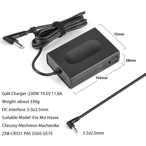 230w GaN 19.5V 11.8A 5.5x2.5mm portable adapter high power charger for gaming laptops ac adapter for Msi Hasee Chicony Mechrevo