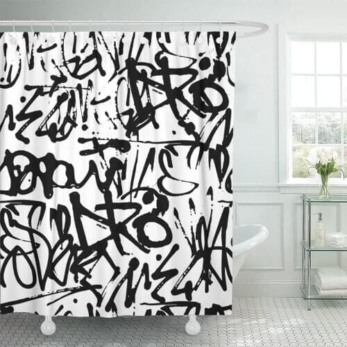 Print 66x72 Graffiti with Abstract Tags Letters Without Meaning Hand Drawing Street Retro Old School Black Polyester Fabric Bath