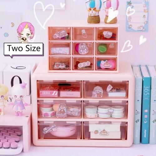 Cute White/pink 9 Grid Abs Drawer Desktop Organizer Desk Storage Box Free Sticker School Transparent Desk Stationery Accessories