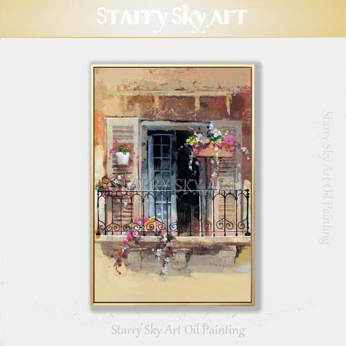 Handmade High Quality Landscape In Front of the Window Acrylic Painting on Canvas Impressionist Window Flowers Acrylic Painting