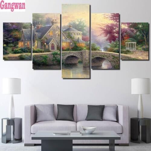 Emeroidery diamond rhinestone painting dream horse cross stitch diamond mosaic Rural house, bridge landscape full display 5 pcs