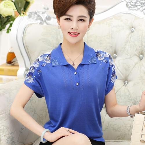 Womens summer embroidery floral knit blouse shirt elegant female embroidery shirt turndown collar blouse tops short sleeve