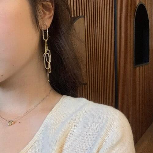 TIMEONLY Korean Bling Bling Rhinestone Link Earrings for Women Gold Color Metallic Hollow Rectangle Chain Long Drop Earrings