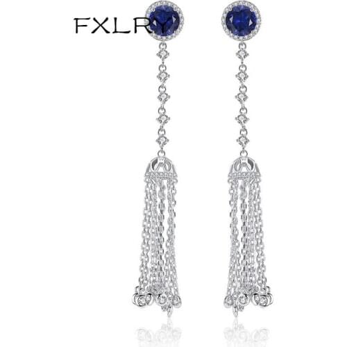 FXLRY New Drop Earrings For Women White Color Cubic Zircon Micro Paved Round Tassel Long Elegant Jewelry Accessories