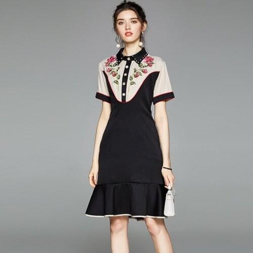 Summer Elegant Beading Short Sleeve Dress Women Flower Embroidery Pearls Button High Waist Mermaid Dresses k8597