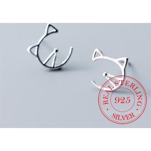 100% 925 Sterling Silver Cut Cat Stud Earrings For Women School Girls Wedding Gift Personalise Jewelry Bijoux