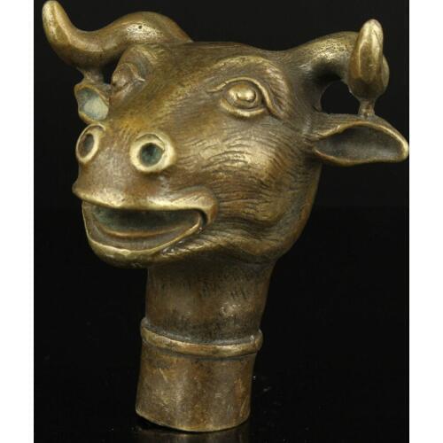 100% brass Pure Copper Brass Grandpa Good Lucky Collectible Old Handwork Carving Bull Statue Cane Head Walking Stick