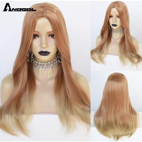 Anogol Orange Blonde Color Long Wigs for Women Wavy Ombre Cosplay Party Synthetic Wigs Heat Resistant Natural Hair Wig