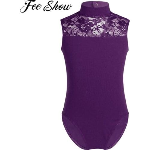 Kids Girls Sleeveless Ballet Dancing Leotards Turtle Neck Lace Back Ballet Dance Jumpsuit Gymnastics Leotards Stylish Dancewear