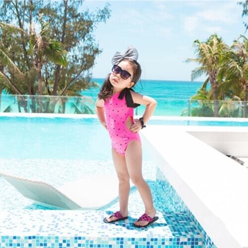 Funfeliz One Piece Swimsuit Girls Cute Dot Swimwear for Kids 2-10 Years Children Sports bathing suits Solid Bikini