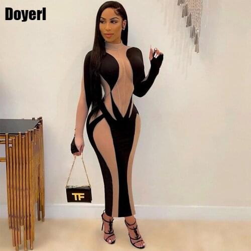 Club Sexy Dress Women Party Night Club Wear Mesh Sheer See Through Bodycon Dress Long Sleeve Maxi Dresses for Women Elegant