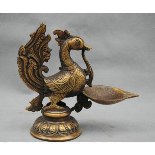 8'' Collectibles Folk Fengshui Phoenix Bird Candle Stick Bronze Statue