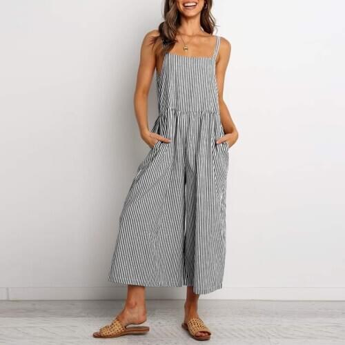ZANZEA Womens Jumpsuits Striped Overalls Summer Sexy Backless Playsuits Belted Female V Neck Wide Leg Pants Plus Size Overalls