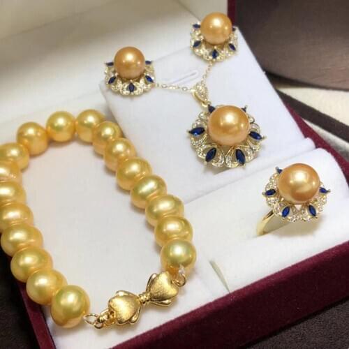 D721 Pearl Set Fine Jewelry 925 Sterling Silver Round 8-12mm Fresh Water Golden Pearls Jewelry Sets for Women Presents