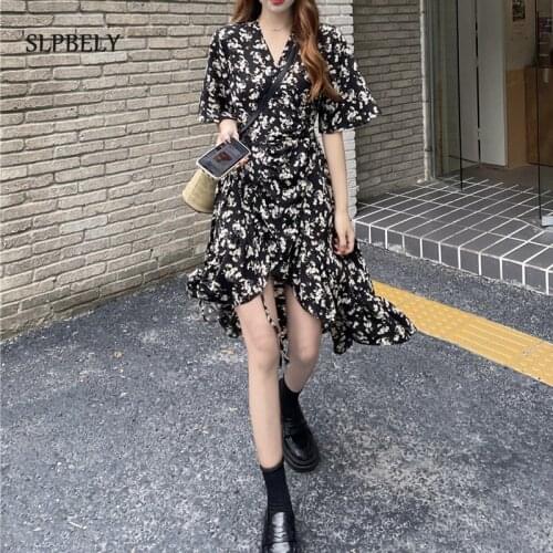 SLPBELY Retro Floral Mini Dress For Women Summer Sexy V Neck Short Sleeved Dress Female Elegant A-Line Dress Vestidos Verano New