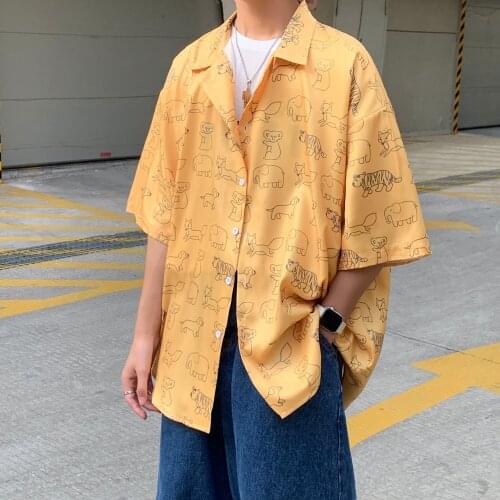 Men Clothing Blouses 2021 Summer Short Sleeve Shirt Casual Loose Top Coat Printing College Couples White Ins The Streets Beach