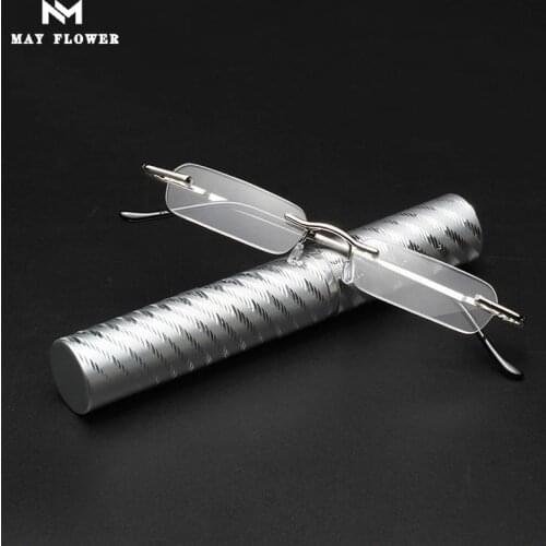 May Flower Mini Portable Reading Glasses Small Metal Rimless Presbyopic Eyewear With Pen Tube Case Mini Reading Eyeglasses+3.5+4