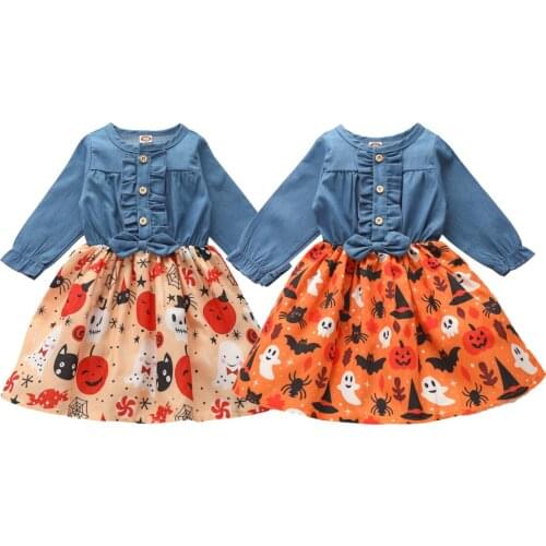 Autumn Toddler Infant Kids Baby Girl Xmas Halloween Dress Fall Long Sleeve Ruffle Patchwork Denim Dresses Outfits Clothing